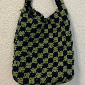 Navy/Sage Green Checkered Crochet Bag